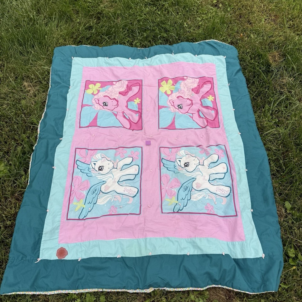 My Little Pony Handmade Tied Quilt Blanket 46x54 Pink Teal Floral G3 OOAK